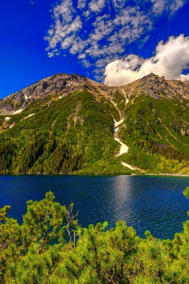 Вид на озеро у горы Татры на фоне красивого голубого неба