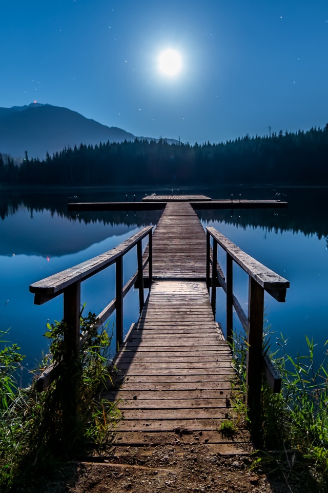 Деревянный мост на озере в полнолуние