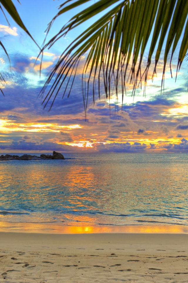 Красивый закат в небе на тропическом пляже 