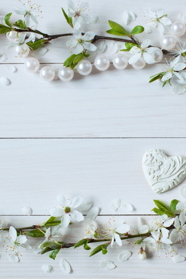 Фон для поздравительной открытки с цветами вишни и жемчужными бусами