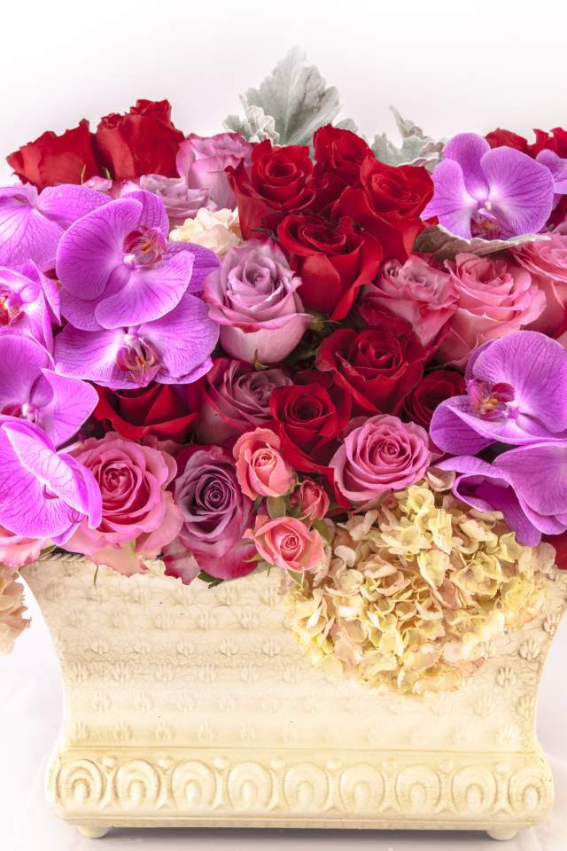 Корзина с цветами гортензии, розы и орхидеи на белом фоне