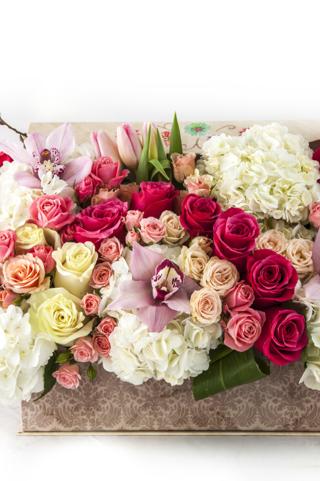 Корзина с цветами орхидеи, гортензии и розы и тюльпана на белом фоне