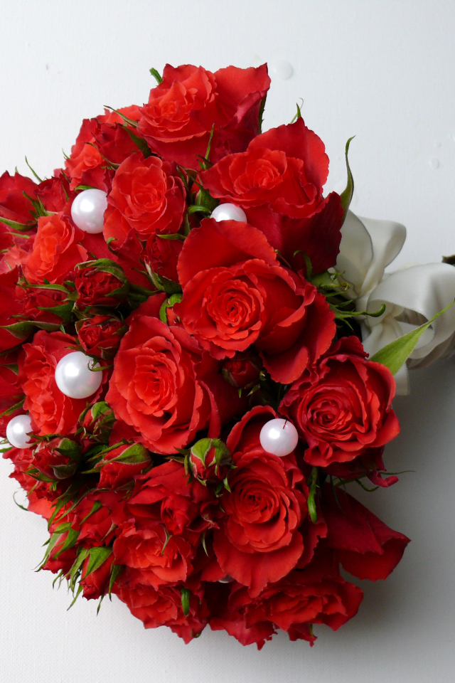 Красивый букет красных роз с жемчужными бусинами на сером фоне