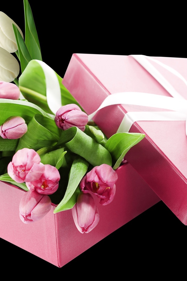 Букет розовых тюльпанов в розовой коробке на черном фоне