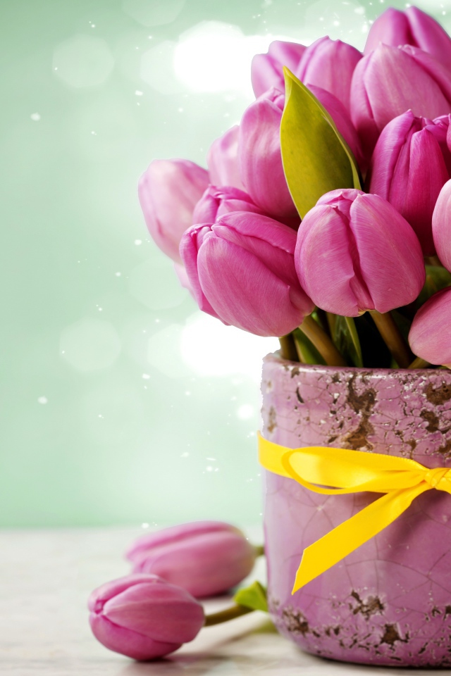 Букет розовых тюльпанов в горшке с желтым бантом