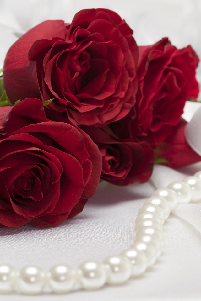 Букет красных роз с белыми жемчужными бусами 