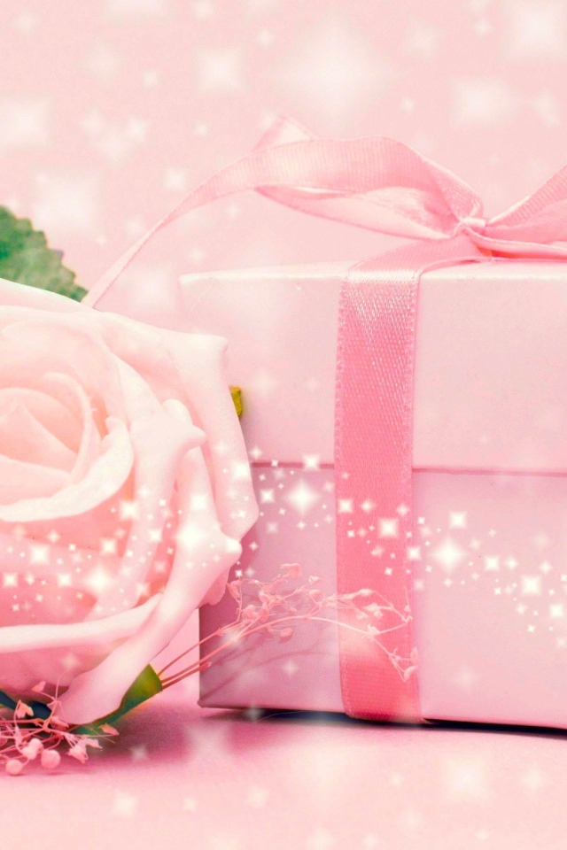 Розовая коробка с подарком и розовой розой 