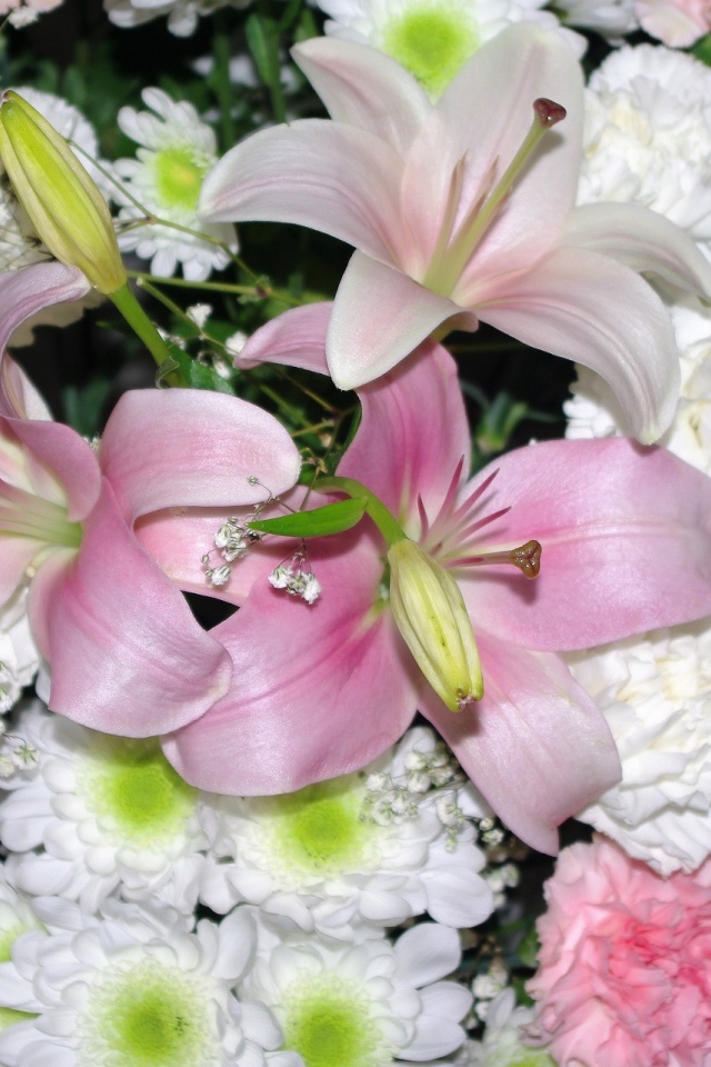 Розовые лилии с белыми и розовыми гвоздиками