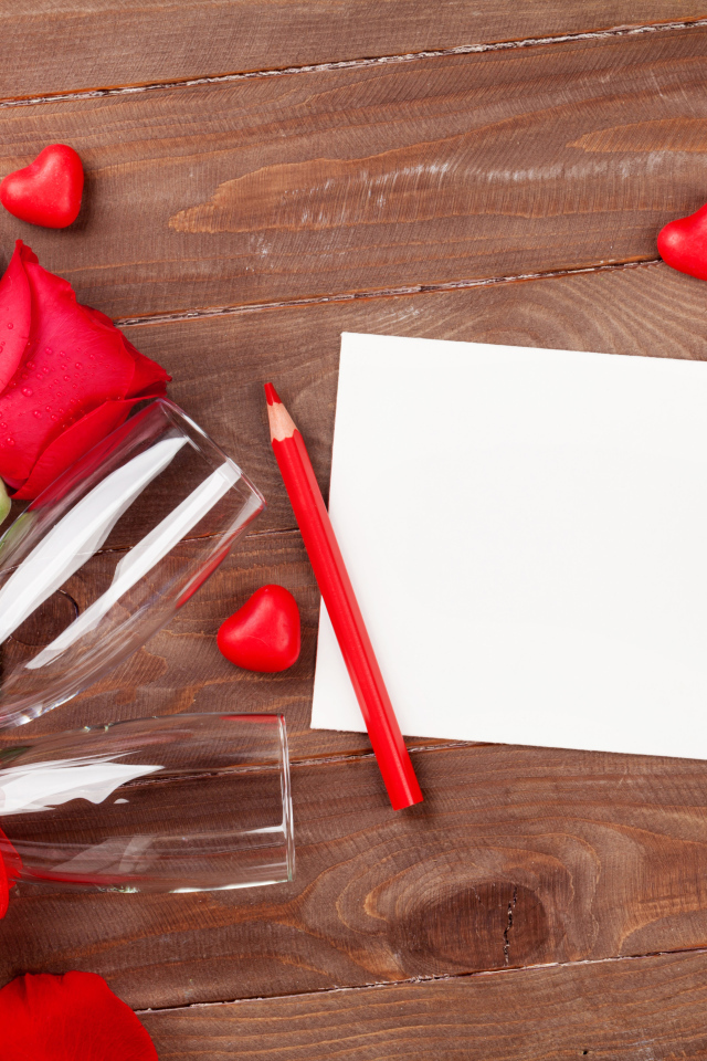 Три розы, два фужера и лист бумаги, шаблон поздравительной открытки