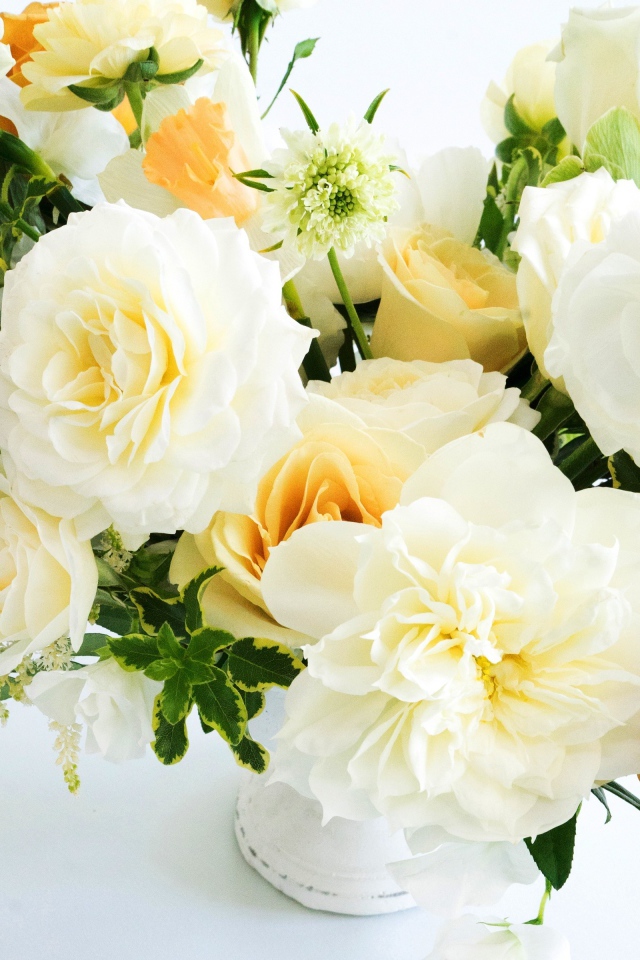 Белые и оранжевые розы крупным планом в букете