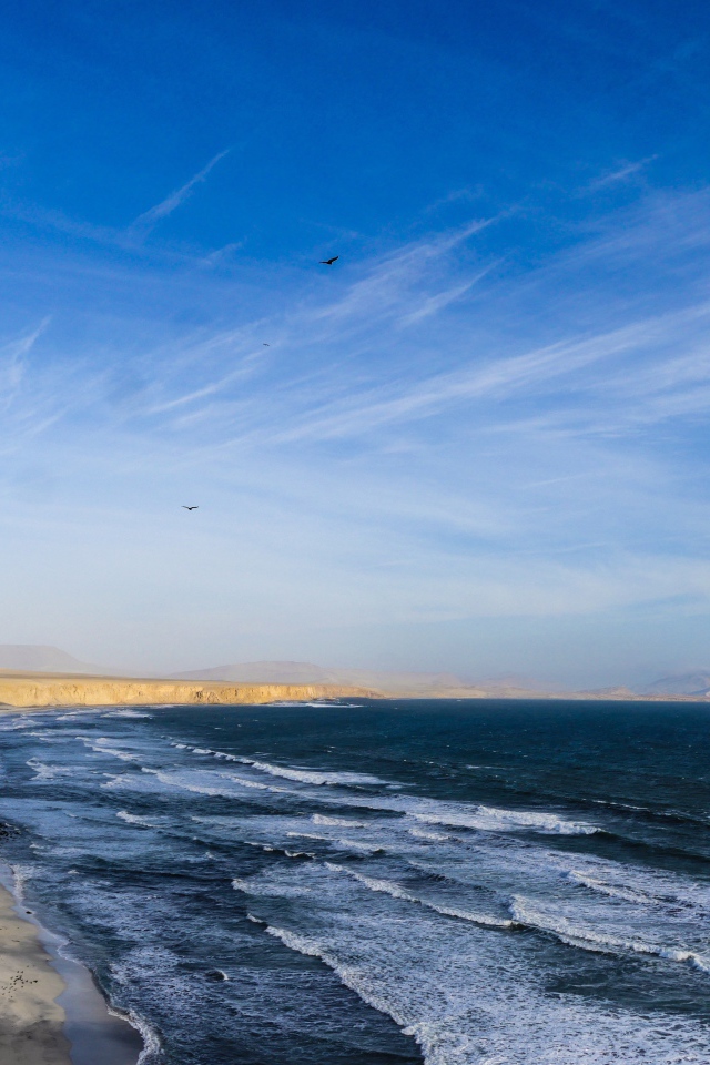 Морские волны на берегу под красивым голубым небом