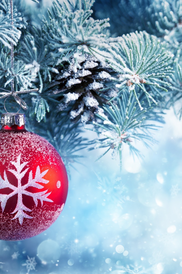 Красивый елочный шар на покрытой инеем еловой ветке