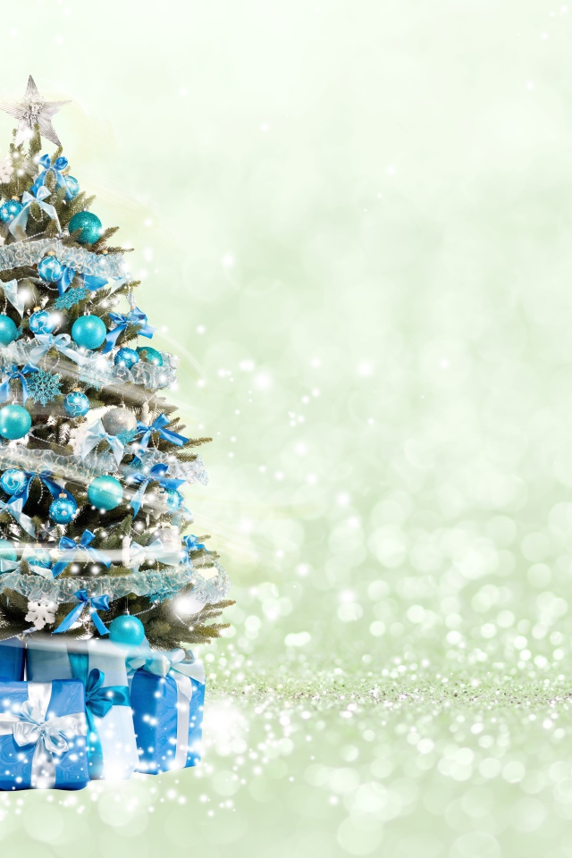 Наряженная елка с подарками, фон для открытки на Новый год и Рождество 