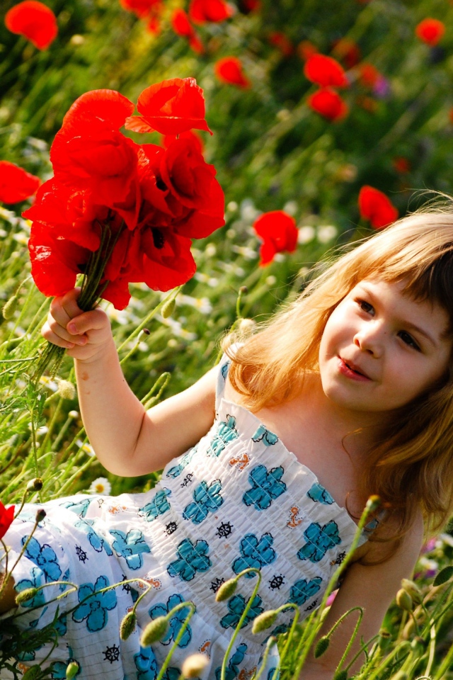 Милая маленькая девочка с букетом красных маков