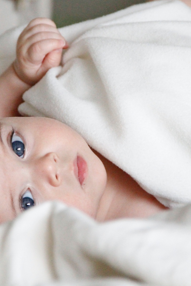 Маленький голубоглазый мальчик под белым покрывалом