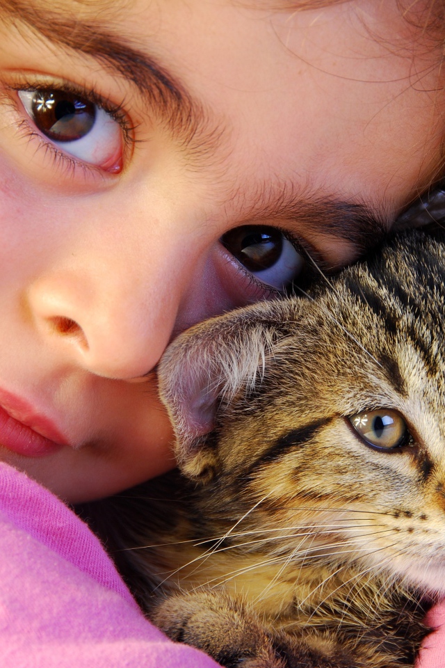 Маленькая кареглазая девочка с серым котом