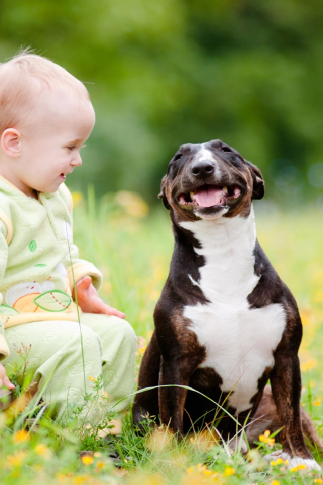 Маленький ребенок сидит с довольной собакой