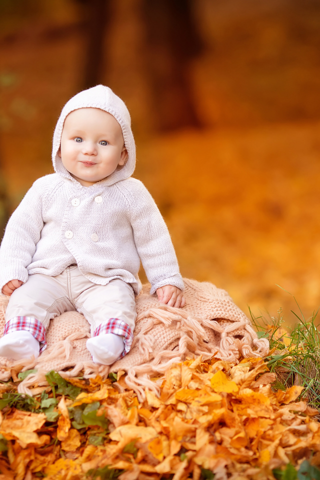 Маленький ребенок сидит на листве осенью 