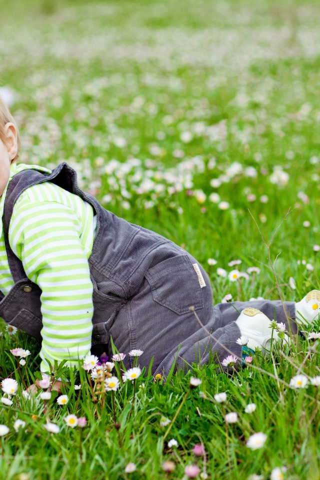 Маленький веселый мальчик на поляне с белыми цветами