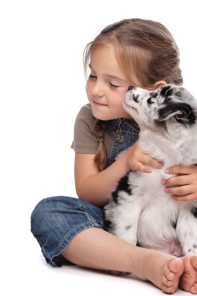 Маленькая девочка обнимает щенка на белом фоне