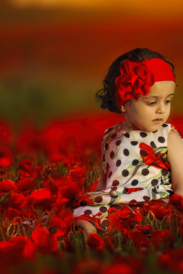 Маленькая девочка в красивом платье на поле с красными маками