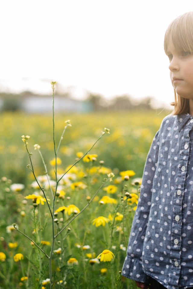 Маленькая девочка на поле с желтыми полевыми цветами