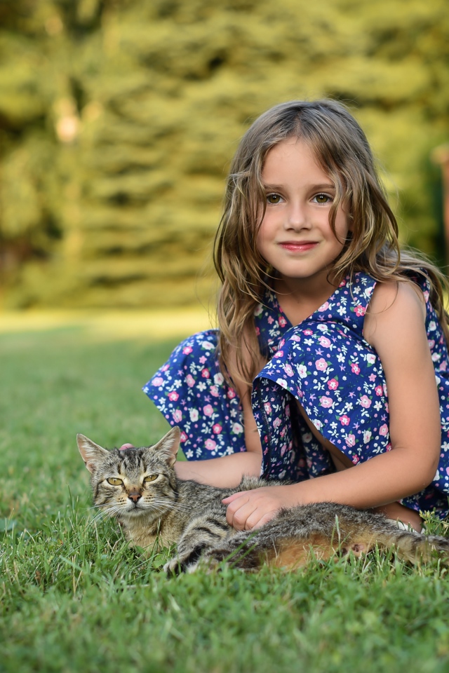 Маленькая девочка сидит на зеленой траве с серым котом