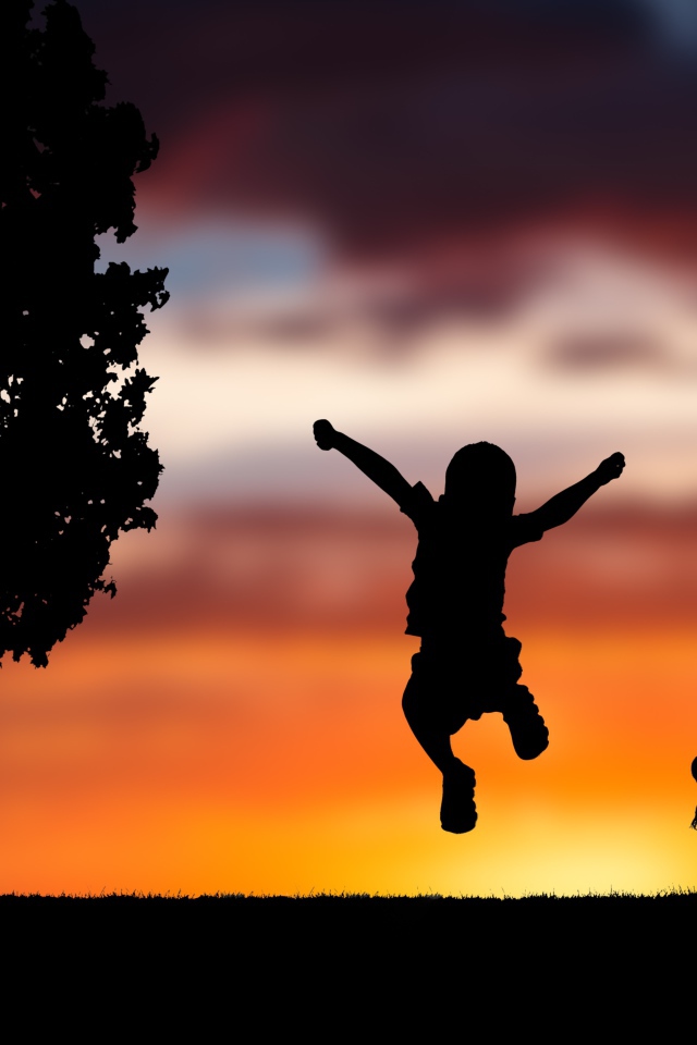 Силуэт маленького мальчика с собакой на фоне заката