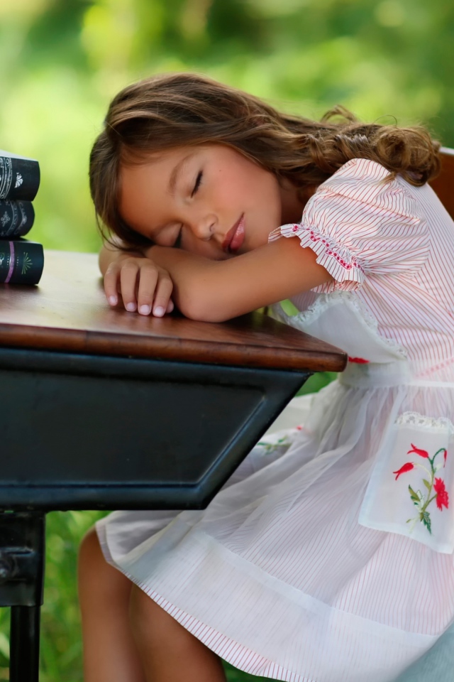 Уставшая маленькая ученица уснула за партой