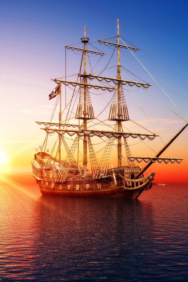 Big pirate ship in the sea at sunset