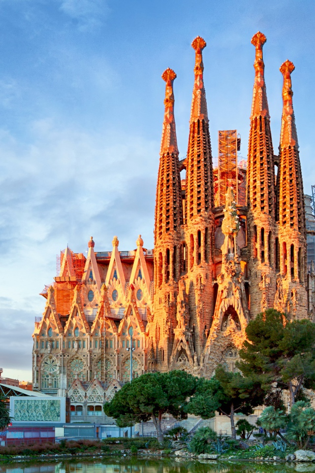 Ancient Sagrada Familia Church under the beautiful blue sky, Barcelona. Italy