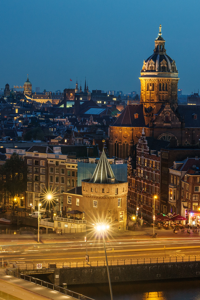 Панорама ночного города Амстердам, Нидерланды