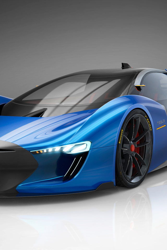 Дорогой автомобиль Tesla Model EXP, 2018 на сером фоне