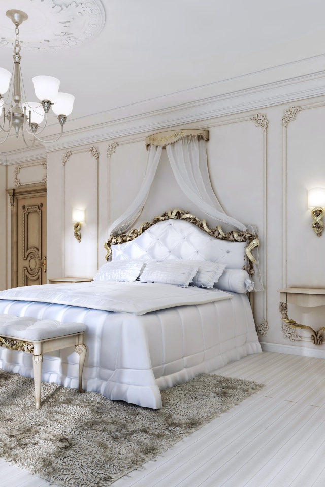 Большая спальня в пастельных тонах с красивой белой кроватью 