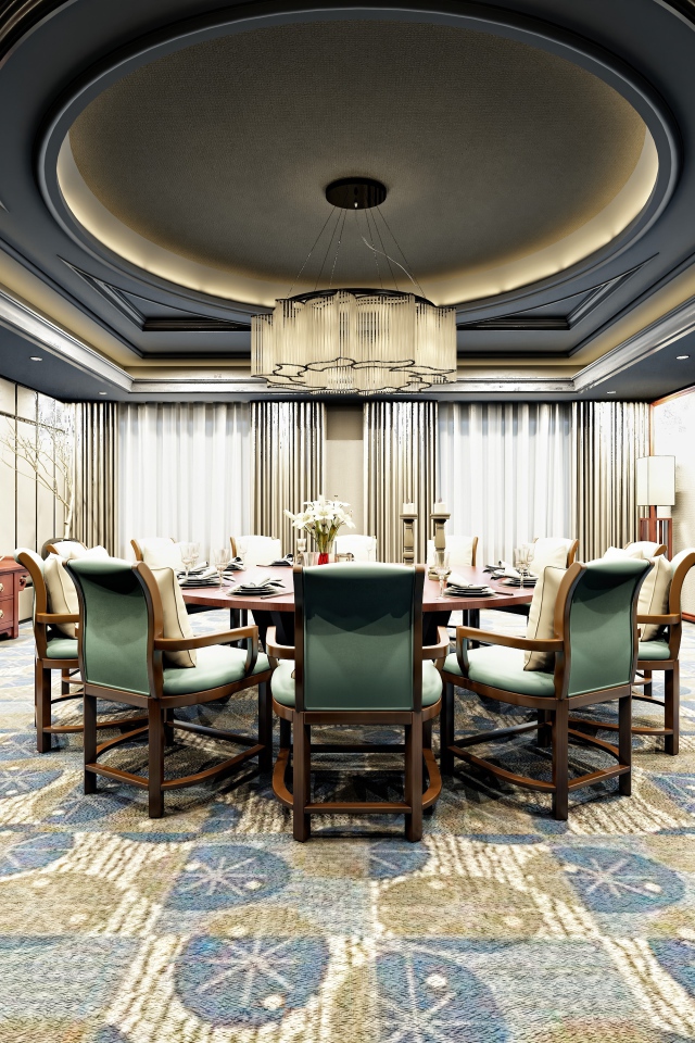 Большая гостиная комната со столом и большой люстрой