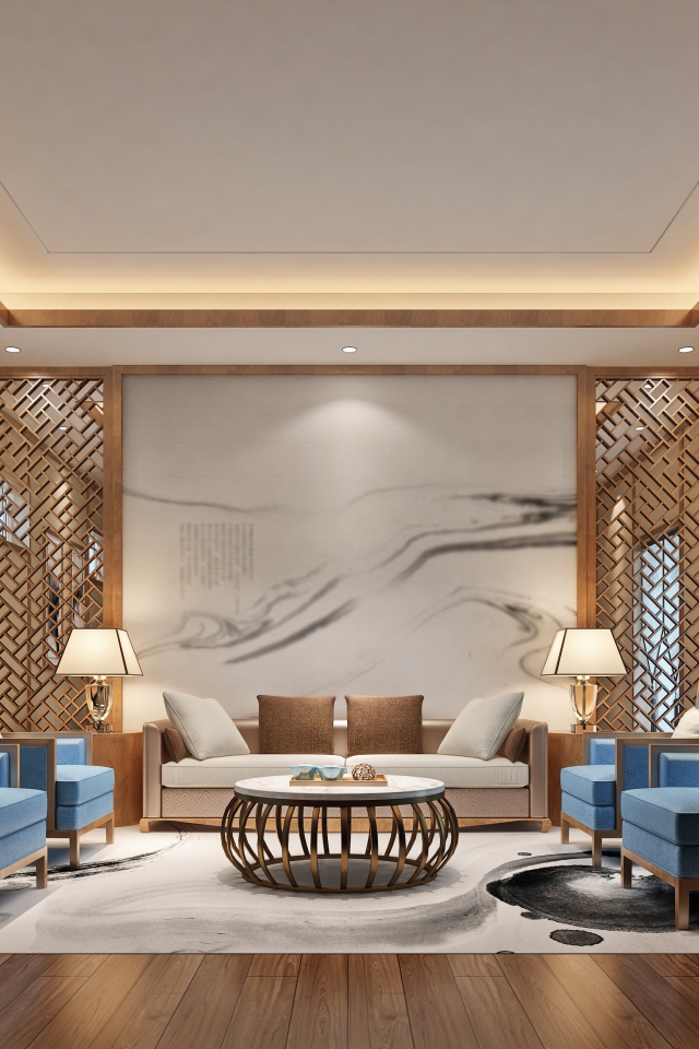 Большая стильная гостиная с креслами и диваном