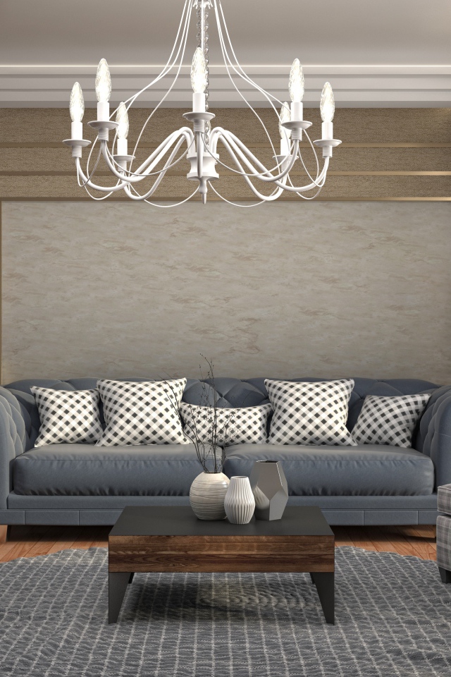 Гостинная комната с большим серым диваном