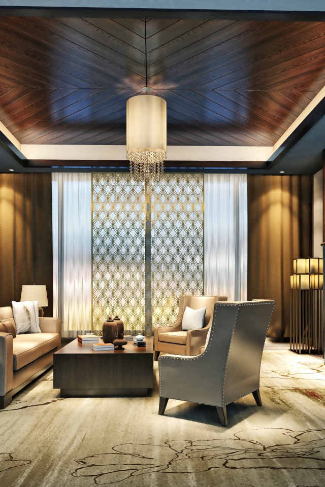 Стильная гостиная с деревянной отделкой