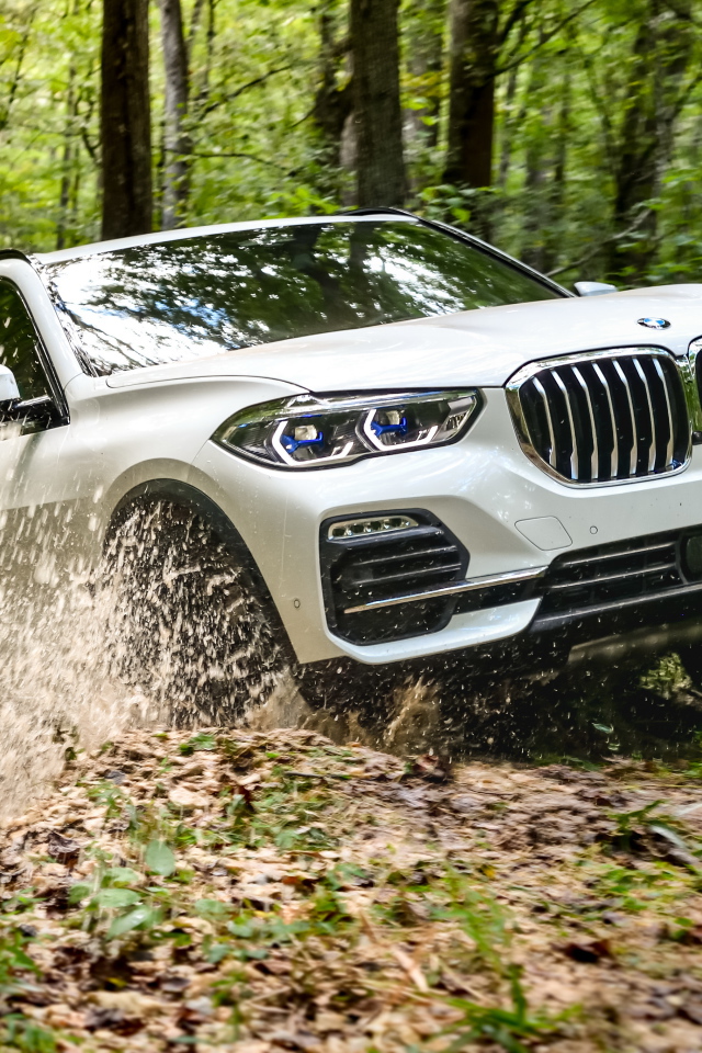 Белый внедорожник BMW X5 едет по грязи в лесу