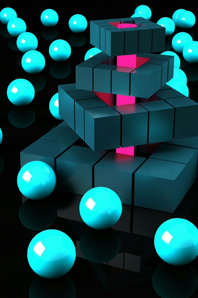 Бирюзовые шары и черные кубы на черном фоне 3д графика