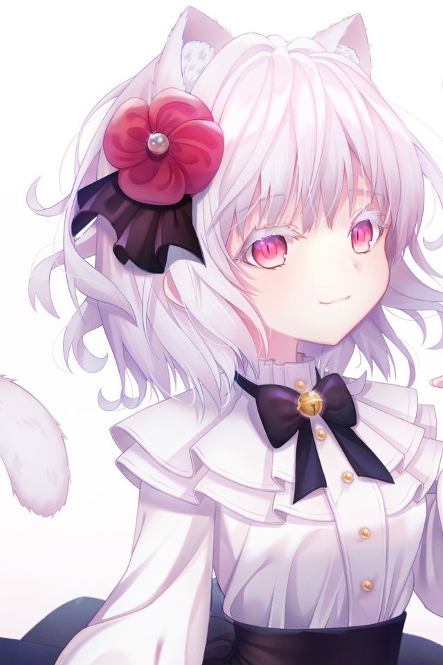 Девушка кошка аниме с цветком в волосах 