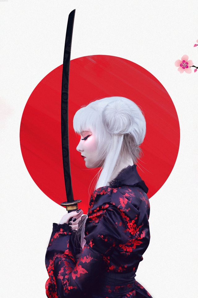 Девушка аниме Женщина Воин с мечом на фоне с ветками сакуры