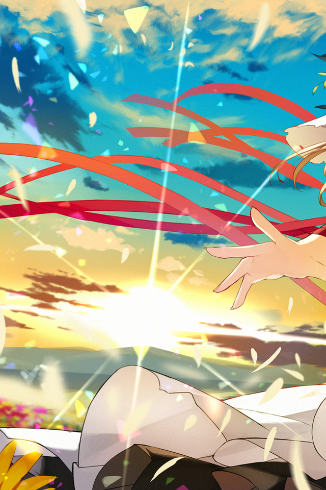 Девушка аниме в шляпе гуляет по полю с цветами