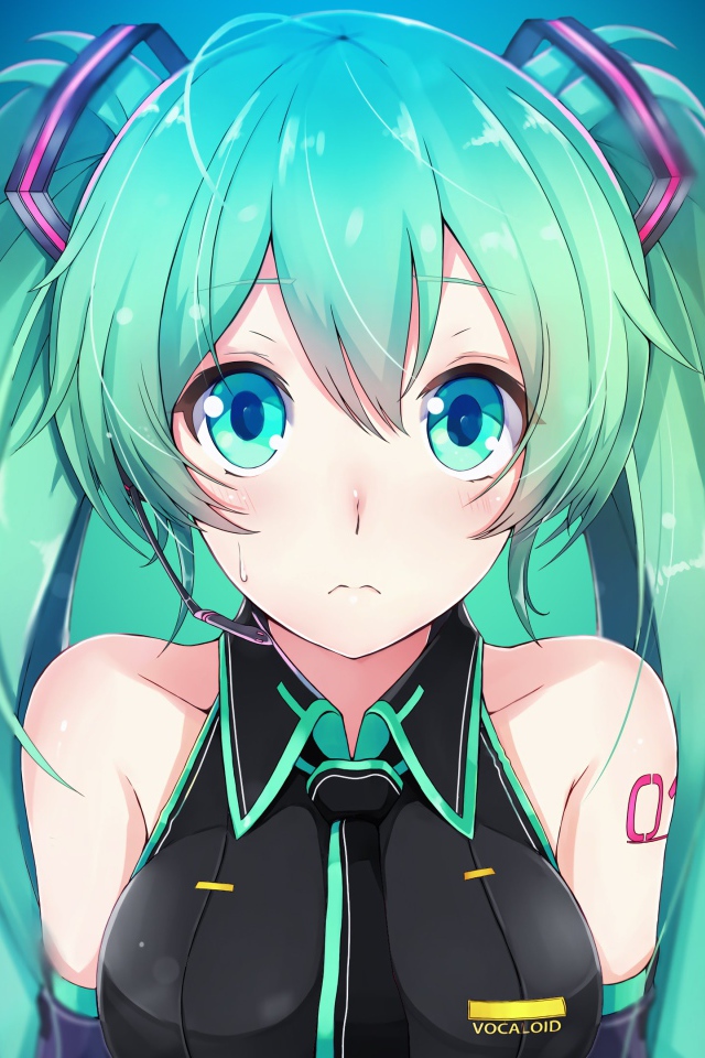 Девушка аниме Мику Хацунэ с большими голубыми глазами