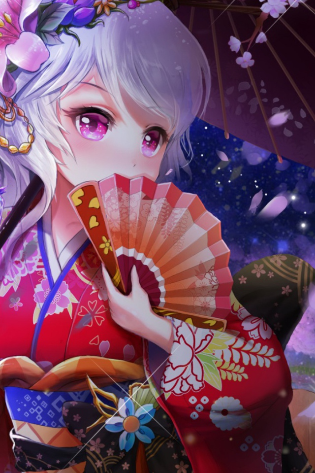 Девушка аниме с веером и зонтом в руке