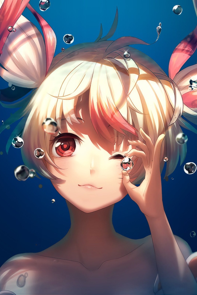 Девушка аниме с воздушными пузырями под водой 