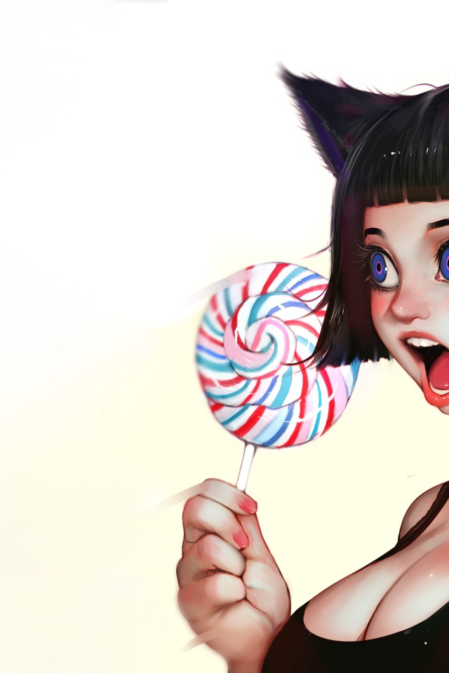 Anime girl with candy in hand on white background