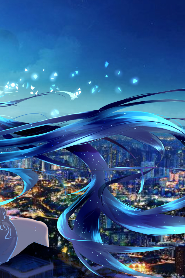 Девушка аниме с длинными голубыми волосами сидит на крыше