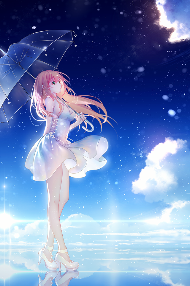 Красивая девушка аниме под зонтом на фоне неба