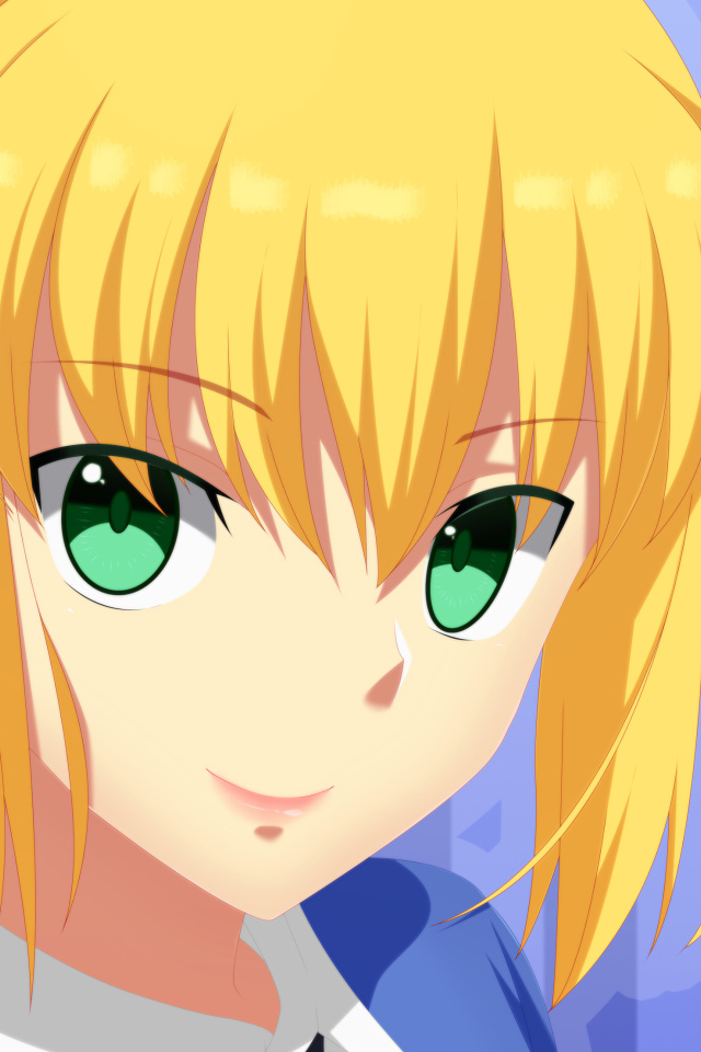 Face of a green-eyed anime girl with yellow hair